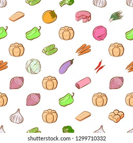 Bakery products and Vegetables set. Background for printing, design, web. Usable as icons. Seamless. Colored.