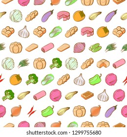 Bakery products and Vegetables set. Background for printing, design, web. Usable as icons. Seamless. Colored.