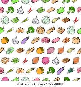 Bakery products and Vegetables set. Background for printing, design, web. Usable as icons. Seamless. Colored.