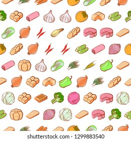 Bakery products and Vegetables set. Background for printing, design, web. Usable as icons. Seamless. Colored.