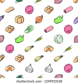 Bakery products and Vegetables set. Background for printing, design, web. Usable as icons. Seamless. Colored.