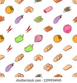 Bakery products and Vegetables set. Background for printing, design, web. Usable as icons. Seamless. Colored.