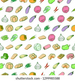 Bakery products and Vegetables set. Background for printing, design, web. Usable as icons. Seamless. Colored.