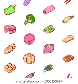 Bakery products and Vegetables set. Background for printing, design, web. Usable as icons. Seamless. Colored.