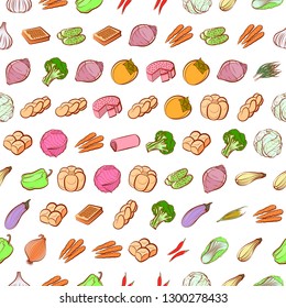 Bakery products and Vegetables set. Background for printing, design, web. Usable as icons. Seamless. Colored.