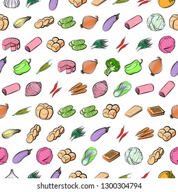 Bakery products and Vegetables set. Background for printing, design, web. Usable as icons. Seamless. Colored.