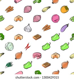 Bakery products and Vegetables set. Background for printing, design, web. Usable as icons. Seamless. Colored.