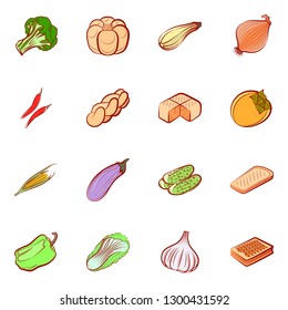 Bakery products and Vegetables set. Background for printing, design, web. Usable as icons. Colored.