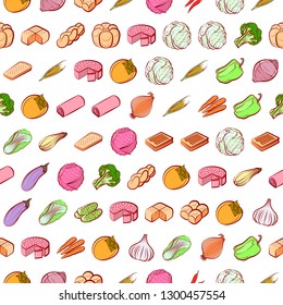 Bakery products and Vegetables set. Background for printing, design, web. Usable as icons. Seamless. Colored.