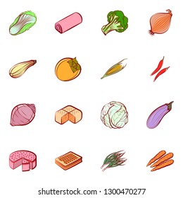 Bakery products and Vegetables set. Background for printing, design, web. Usable as icons. Colored.