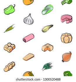 Bakery products and Vegetables set. Background for printing, design, web. Usable as icons. Seamless. Colored.