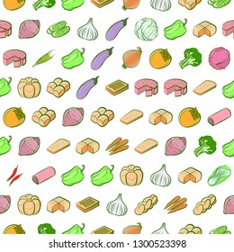 Bakery products and Vegetables set. Background for printing, design, web. Usable as icons. Seamless. Colored.