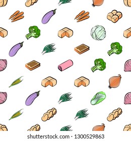 Bakery products and Vegetables set. Background for printing, design, web. Usable as icons. Seamless. Colored.