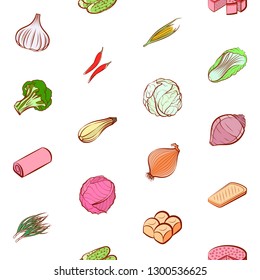 Bakery products and Vegetables set. Background for printing, design, web. Usable as icons. Seamless. Colored.