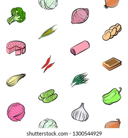 Bakery products and Vegetables set. Background for printing, design, web. Usable as icons. Seamless. Colored.