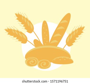 Bakery products and wheat on a beige background. Vector illustration.