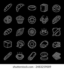 Bakery products, white line icons. Baked goods and pastries. culinary and food service themes. Symbols on black background. Editable stroke.