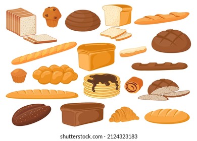 Bakery products.Confectionery products.Croissant and French baguette, loaf of bread and pancake.Sandwich bread and rye loaves.A set of vector illustrations made of flour.Bread shop assortment .