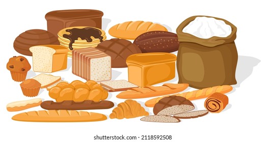 Bakery products.Confectionery products.Croissants and a French baguette, a loaf of bread and a pancake.Sandwich bread and rye loaves.A set of vector illustrations made of flour.