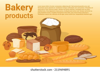 Bakery products.Confectionery products.Croissants and a French baguette, a loaf of bread and a pancake.Sandwich bread and rye loaves.A set of vector illustrations made of flour.The assortment of the 