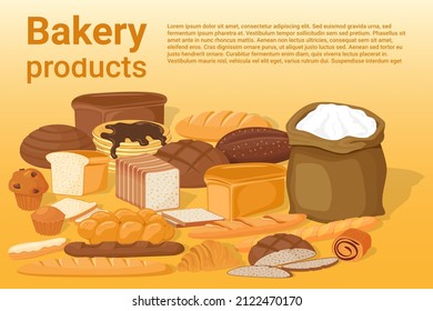 Bakery products.Confectionery products.Croissants and a French baguette, a loaf of bread and a pancake.Sandwich bread and rye loaves.A set of vector illustrations made of flour.