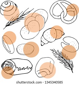 Bakery products-fresh rolls, croissant, bread, bagel, bun. Hand-drawn