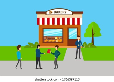 Bakery property handover vector concept: group of businessmen having an exchange of the bakery handover