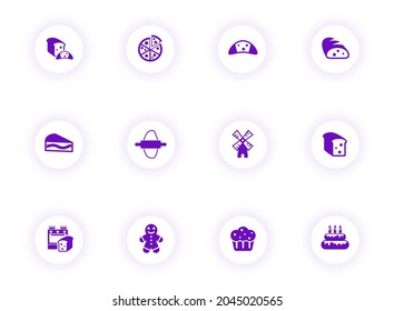 bakery purple color vector icons on light round buttons with purple shadow. bakery icon set for web, mobile apps, ui design and print