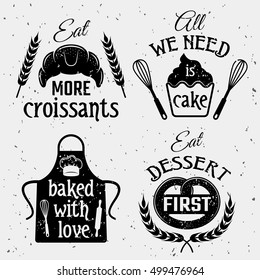 Bakery With Quotes Monochrome Set Including Typographic Sayings Pastry Culinary Tools On Texture Background Isolated Vector Illustration