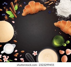 Bakery realistic frame composition on dark background with empty space surrounded by icons of cooking essentials vector illustration