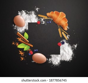 Bakery realistic frame made up of croissant eggs wheat flour mint leaves on black background vector illustration