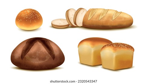 Bakery realistic set with wheat and rye bread sliced loaf and bun with sesame isolated vector illustration