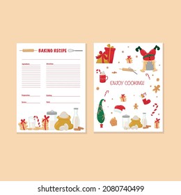 Bakery recipe card with Christmas illustration - sweets, Grinch tree and gifts. Vector stock illustration isolated on background for template design cook book. You can print file - USA letter. EPS10