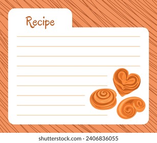 Receta de panadería. Hoja de libros de cocina. Página de papel en blanco. Cuaderno culinario. Cocina de pasteles. Bolun dulce y pretzel. Preparación de pasteles. Recordatorio. Postre casero. Lista de ingredientes. Diseño de notas de vector