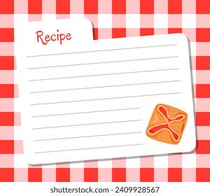 Bakery recipe. Cookbook sheet. Blank paper page. Culinary notebook. Cake cooking. Sweet bun and pretzel. Pastry preparation. Baking reminder. Homemade dessert. Ingredients list. Vector note design