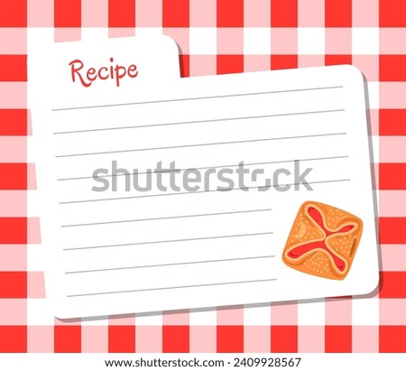 Bakery recipe. Cookbook sheet. Blank paper page. Culinary notebook. Cake cooking. Sweet bun and pretzel. Pastry preparation. Baking reminder. Homemade dessert. Ingredients list. Vector note design