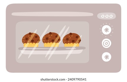 Receta de panadería. Cocina gastronómica. Pastel dulce en microondas. Preparación de muffin. Hornear pasteles en el horno. Repostería casera. Equipamiento de cocina. Pastel de chocolate. Vector