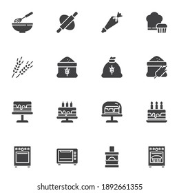 Bakery related vector icons set, bakery shop modern solid symbol collection, filled style pictogram pack. Signs, logo illustration. Set includes icons as flour bag, rolling pin, oven stove, cupcake