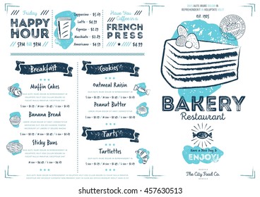 Bakery restaurant menu. Sweet cake kitchen logotype with hand drawn menu vector design. Pastry shop and bakery restaurant booklet with assortment and price on snack and drink illustration
