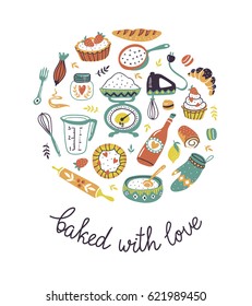 Bakery retro card with dots and floral elements. Vector cooking illustration with different cakes and stylish lettering - 'Bakery with love'.