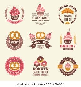 Bakery retro labels. Cupcakes donuts cookies and fresh bread vintage vector illustrations for stickers or badges design of bakery shop. Badge pastry, fresh donut and cupcake, delicious croissant