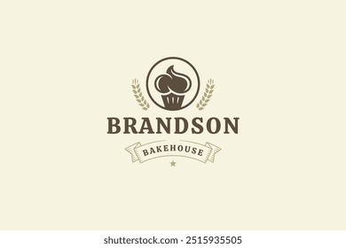 Bakery retro logo design template with pastry dessert vector flat illustration. Bakehouse old style minimalist logotype for baked sweet delicious fresh traditional bread cookery menu brand