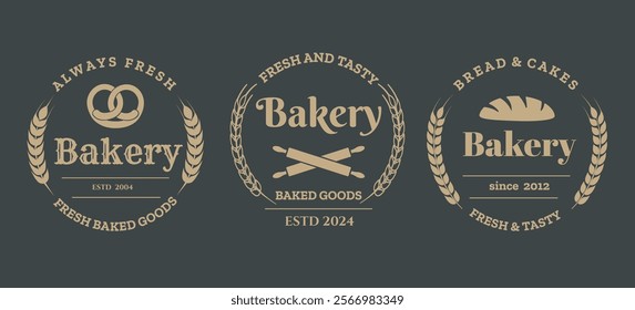 Bakery retro logo set. Bakeshop vintage labels isolated on black vector illustration