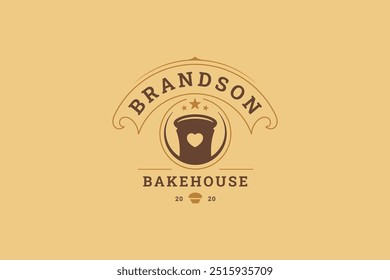 Padaria retro modelo de design de logotipo de luxo com ilustração plana de vetor de coração de pão de bolo fresco. Logotipo estilo antigo minimalista de Bakehouse com elemento decorativo estrela de fita para marca de loja de pastelaria