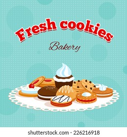 Bakery retro poster with fresh cookies lettering and different desserts on table napkin vector illustration