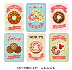 Bakery retro posters. Cartoon logo of donuts and sweet cookies cards, cute emblems of deliciousness nutrition, pastries with glaze from bakery on banners vector illustration