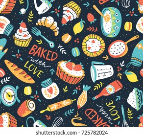 Bakery retro seamless pattern with dots and floral elements. Vector cooking illustration.