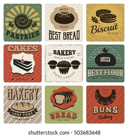 Bakery retro style cards with bread and flour cakes and pastries on textured background isolated vector illustration
