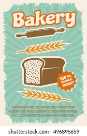 Bakery retro style poster with rye bread rolling pin wheat on blue textured background vector illustration