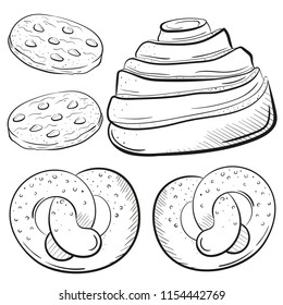 bakery roll, biscuiits with chocolate, brecel vector illustration isolated on white background sketch style. sweet clipart for a restaurant or cafe menu. Line art